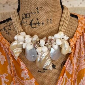Vintage 70s Shell encrusted necklace with mother of pearl shells gold accents